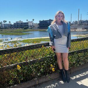 Shop Journal Vintage Gray Plaid  Upcycled Blazer with Fringe Size M/L